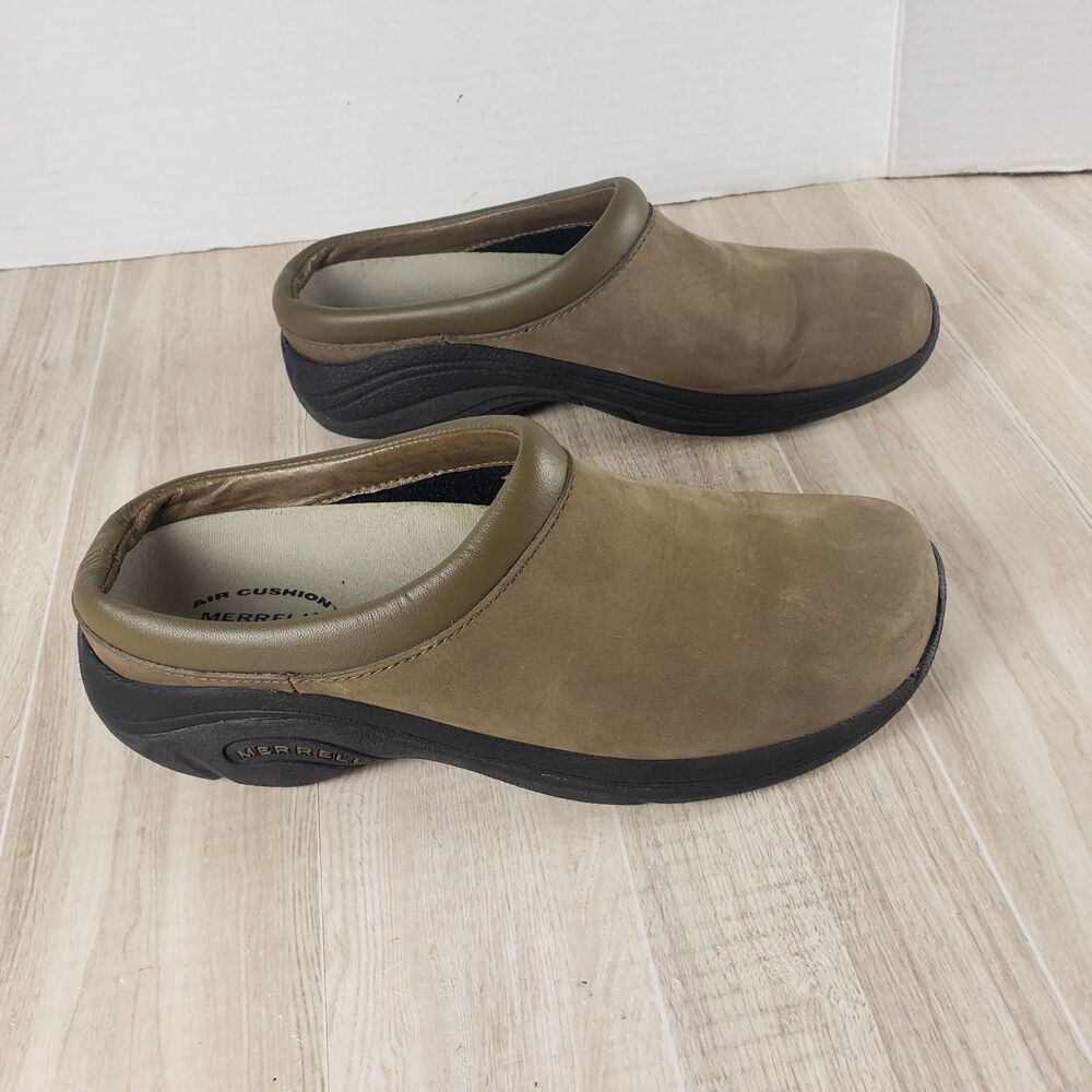 Merrell Womens Size 7.5 Encore Ice Olive Green Suede Moc Mules Clogs Shoes